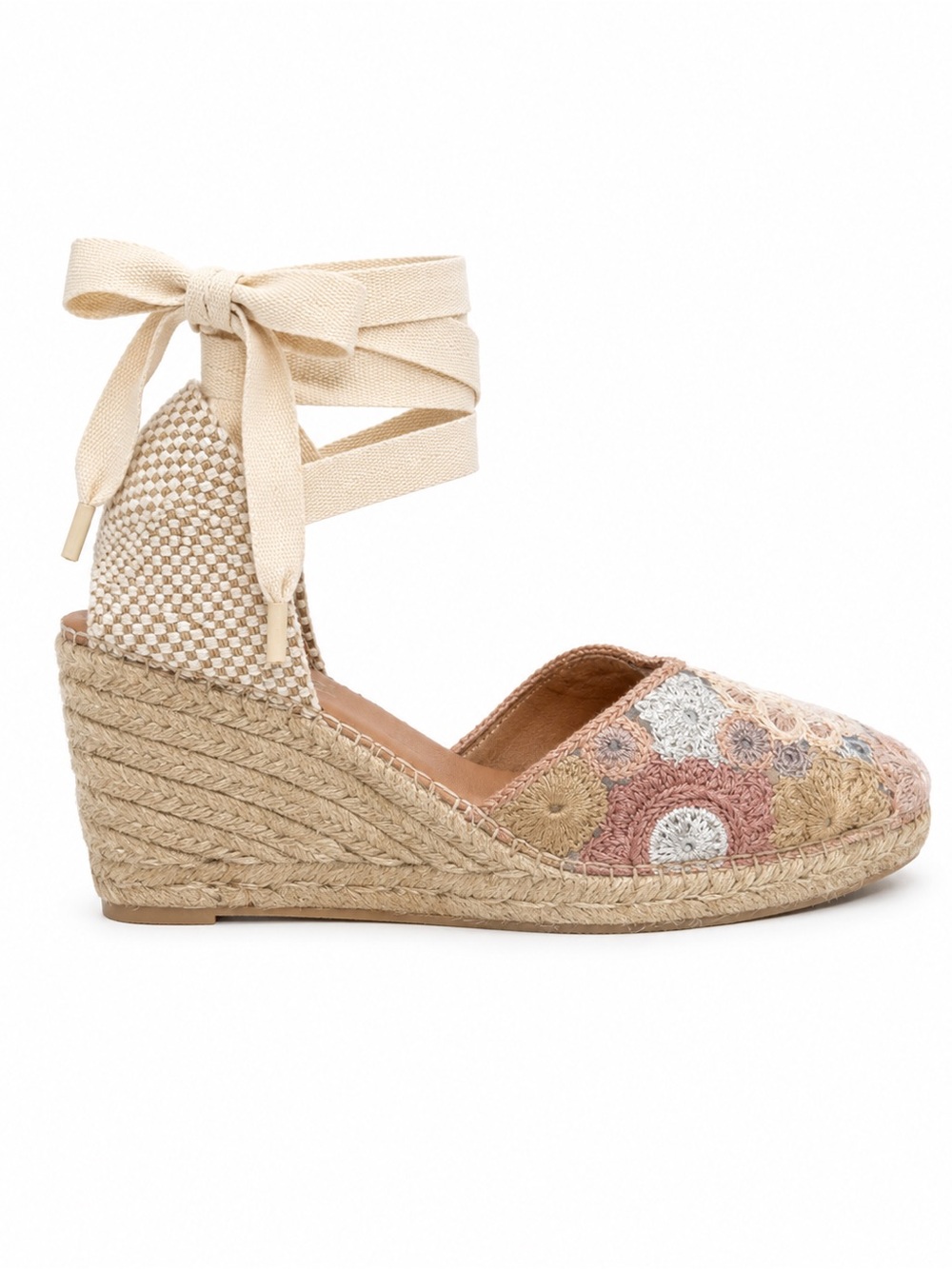 MAYPOL $175 Pink Tan Silver Crochet Lace Up Wedge Espadrille EU 39 US 8.5-9
